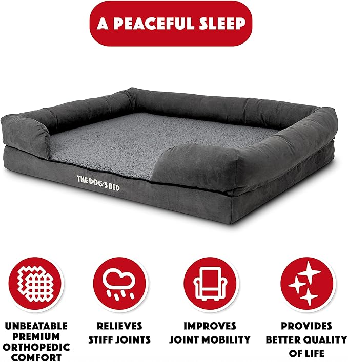 The Dog’s Bed, XL Grey Plush,Solid Memory Foam, Pain Relief: Arthritis, Hip & Elbow Dysplasia, Post Surgery, Lameness, Supportive, Calming, Waterproof Washable Cover
