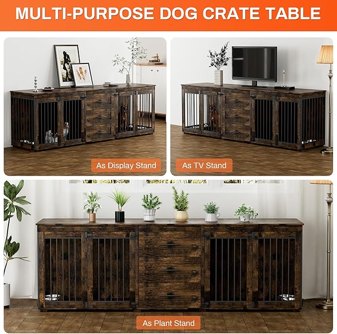 Rophefx 94.5" Dog Crate Furniture for 2 Dogs, Large Dog Kennel Furniture with 3 Storage Drawer, Wooden Dog Cage with 4 Bowls, Indoor Dog House TV Stand with Locks for Large Medium Dog, Rustic Brown