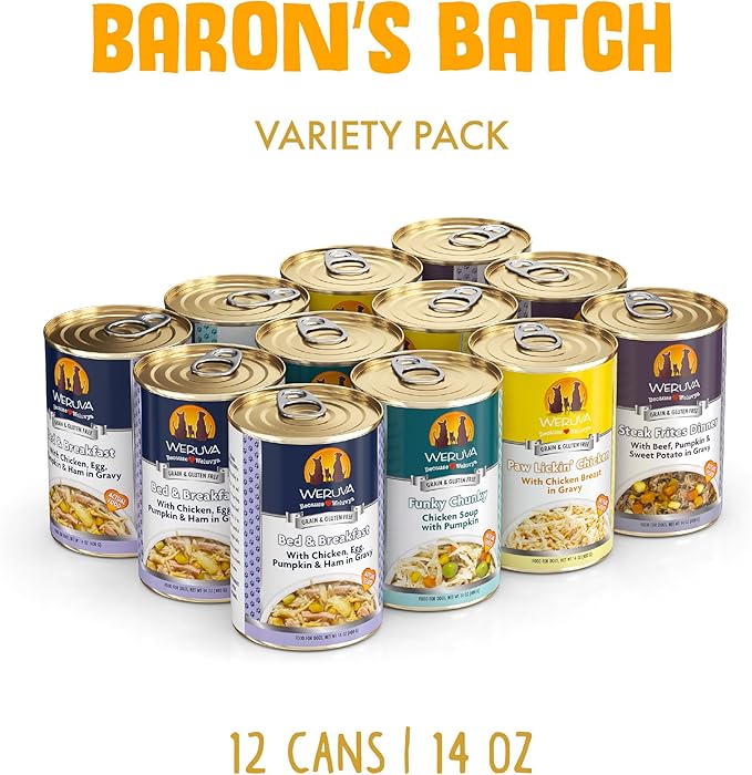 Weruva Classic Dog Food, Variety Pack, Baron's Batch, Wet Dog Food, 14oz Cans (Pack of 12), Multi