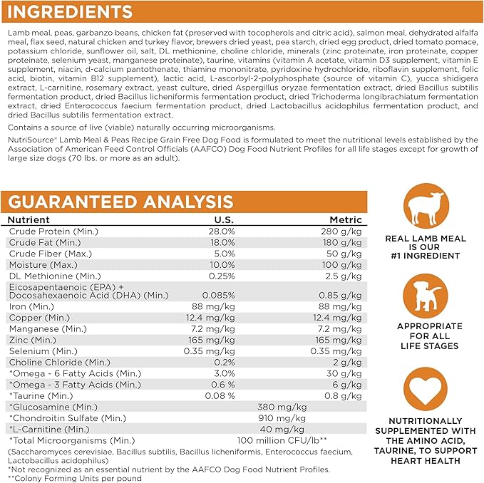 NutriSource Grain Free Dry Dog Food, Lamb Meal and Peas, 12LB