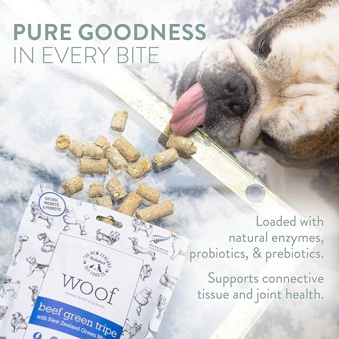 The New Zealand Natural Pet Food Co WOOF Freeze Dried Dog Treats - Beef Green Tripe, High Protein, Treats Small & for Large Dogs, Natural, Topper or Dog Treat, 1.4 oz