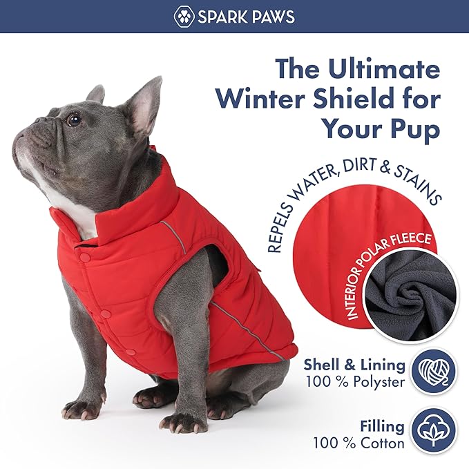 Spark Paws Dog Winter Jacket, Water-Resistant Coat, Warm Reflective Windproof Fleece-Interior, for Medium and Large Dogs - Red - M