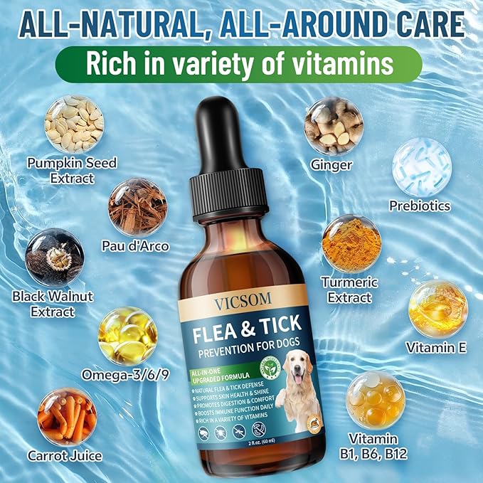 VICSOM Cat & Dog Flea Prevention Bundle: Natural 3-in-1 Herbal Drops for Sensitive Pets - Salmon (Cat) + Chicken (Dog) Flavor | Seasonal Support, Digestive Health & Skin Care