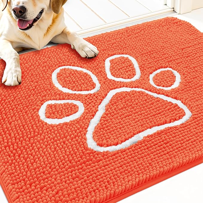 OLANLY Dog Door Mat for Muddy Paws 30x20, Paw Print Design, Absorbs Moisture and Dirt, Absorbent Non-Slip Washable Doormat, Quick Dry Chenille Mud Mat for Dogs, Entry Indoor Entryway Carpet, Coral