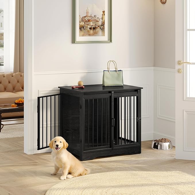 27.2" Dog Crate Furniture with Barn Door, Heavy Duty Dog Kennel Indoor with 2 Doors, Wooden Pet Cage End Table for Small Medium Dogs up to 22 lb, Anti-Chew Anti-Escape, Black DFC84304B