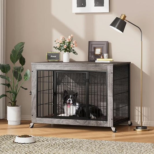 Dog Crate Furniture with Cushion,38" Wooden Dog Crate nightstand with Double Doors, Grey Kennel Indoor with Wheels, Decorative Pet House for Medium Large Dog
