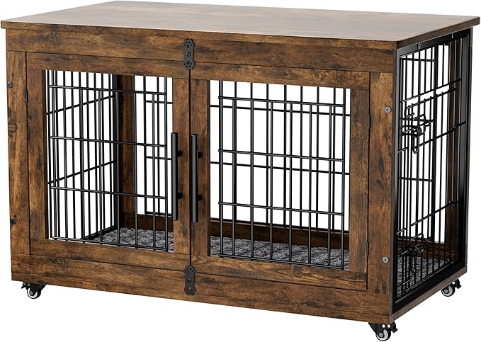 Dog Crate Furniture with Cushion, Large Wooden Dog Kennel Indoor with Double Doors, Dog Cage with Wheels, Dog House Side End Table for Large Medium Dogs up to 70 lb, 38.5” L, Rustic Brown