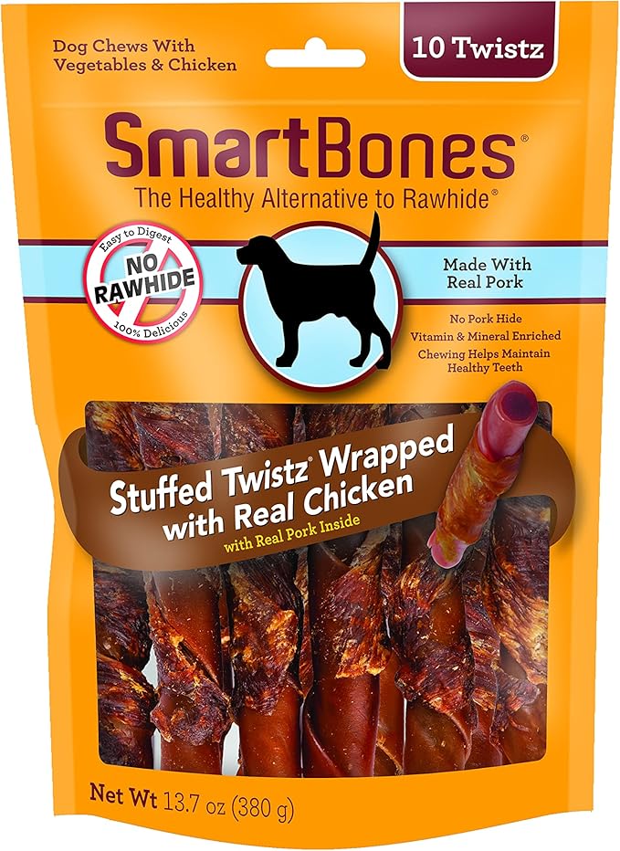 SmartBones Chicken Wrapped Stuffed Twists, Treat Your Dog to a Rawhide-Free Chew Made with Real Meat and Vegetables, 10 Count