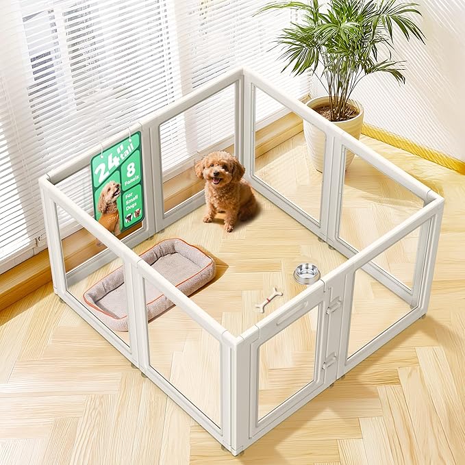 FXW AuraSpace Acrylic Indoor Dog Playpen for Puppies and Small Dogs, 24 Inch, 8 Panels, White