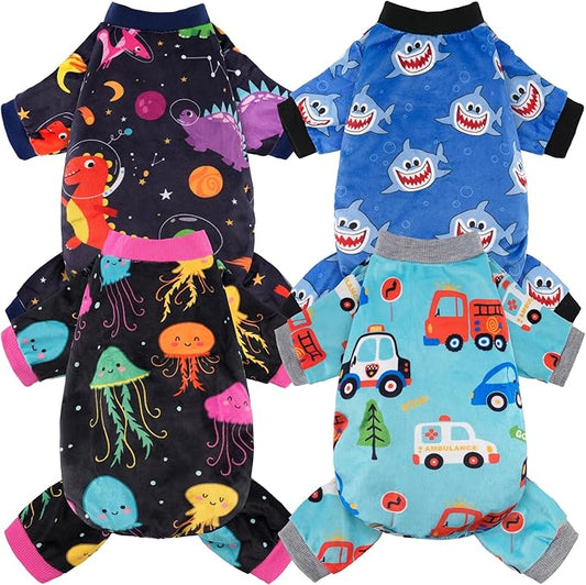 4 Pack Dog Pajamas Soft Lightweight Dog Recovery Suit Onesie Clothes for Small Medium Female Boys Girls Dogs Cats (XXL (Back: 17.8",Chest: 22.8", Neck: 13"), Dinosaur,Jellyfish, Transportation,Shark)