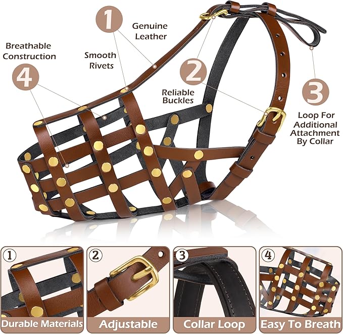 OOPSDOGGY Doberman Dog Muzzle for Large Dogs - Leather Breathable Secure Basket Muzzle for Large Breeds Husky German Shepherd Prevents Biting No Chewing Adjustable (Brown, Size 3 - Doberman)