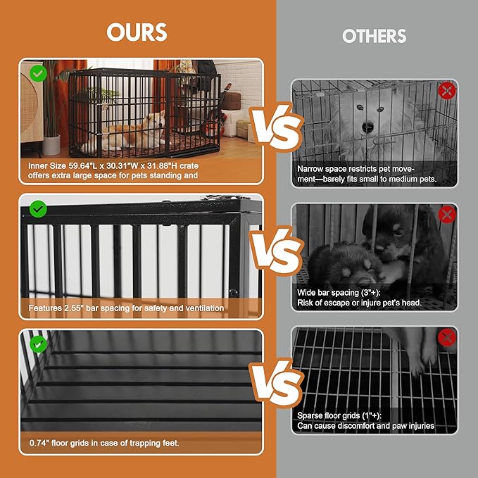 61 Inch Heavy Duty Dog Crate Indestructible and Escape-Proof Dog Crate Cage Kennel for Large/Medium Dogs Extra Large XL XXL with Mat Removable Tray Double Door