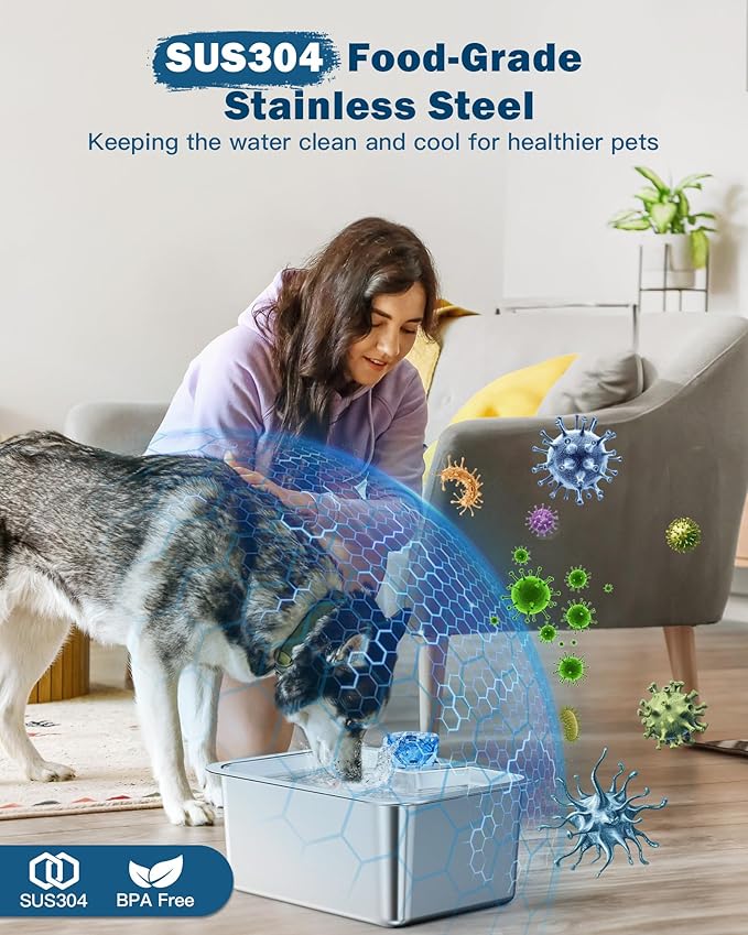 Large Dog Water Fountain Stainless Steel,3 Gallon Extra Big Pet Water Fountain for Large Dogs with 4 Filters,Automatic Dog Bowl Dispenser,Easy to Clean,Quiet Pump