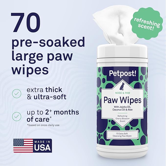 Petpost Paw Wipes for Dogs | 70 Count Dog Paw Cleaner Wipes with Coconut Oil, Jojoba Oil & Aloe | Gentle Pet Wipes for Paws | Large Ultra Soft Cotton Pads, Cherry Blossom Scent