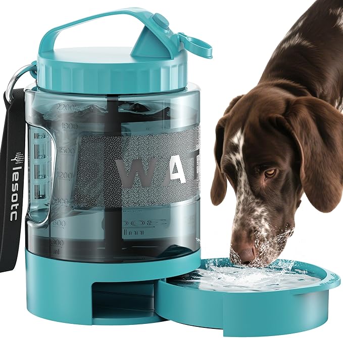 lesotc Dog Travel Water Bottle Portable with Pull-Out Drinking Bowl,77oz Large Travel Water Bowl Dispenser for Dogs Camping Essentials Hiking Beach Road Trip Park Walking On The Go Must Have,LightBlue