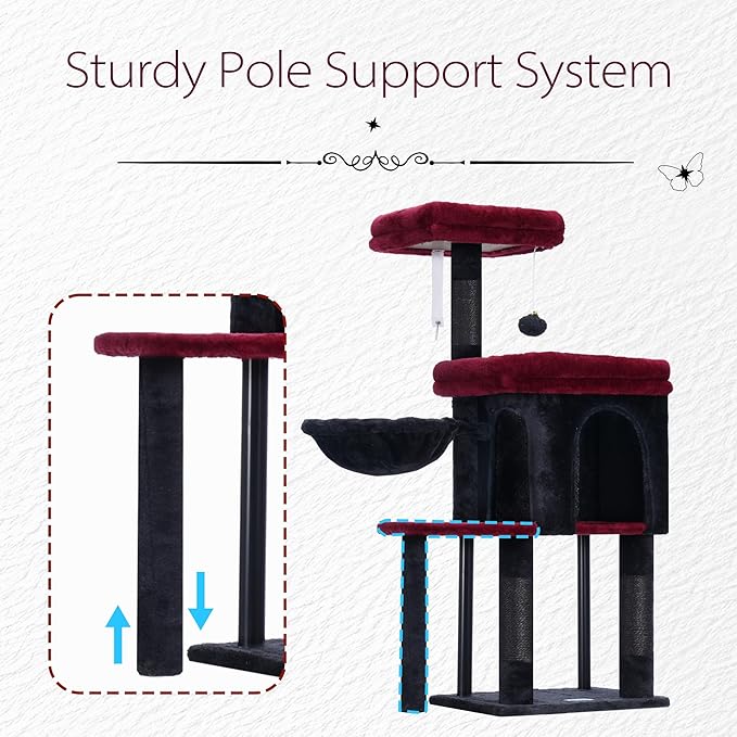 Hey-brother Cat Tree Tower, Scratching Posts with Cozy Condo, Padded Bed, Hammock, Plush Perch, Sisal Post and Ball for Indoor Kittens, 44.9 Inches, Black and Red MPJ009SBR