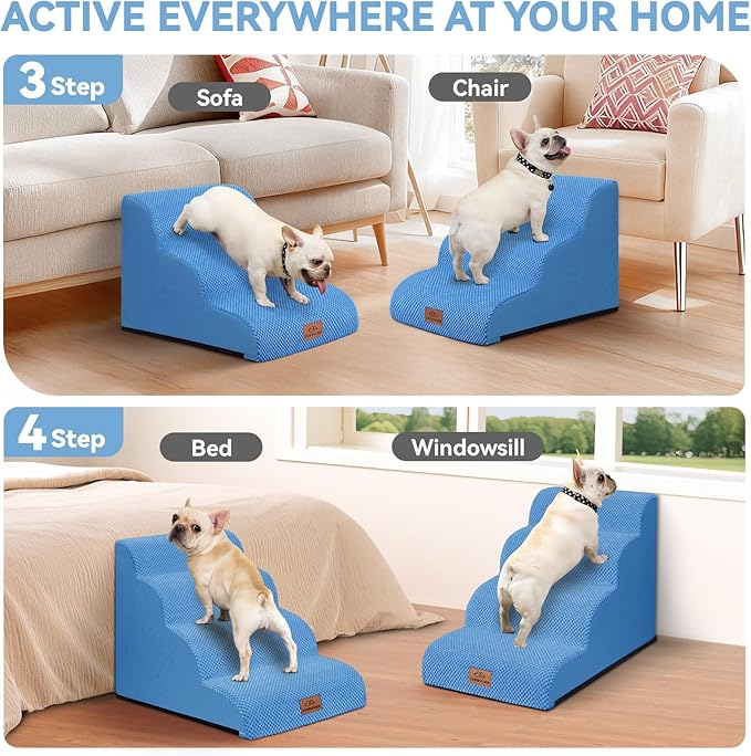 Dog Ramp and Stair for Bed 16" H-20 H,3-Step Cat Stair for Sofa and Chair,4-Step Dog Ramp for High Bed and Window,Durable Nonslip Fabric Cover for Indoor (Blue-16“H, Pet Friendly, 3)