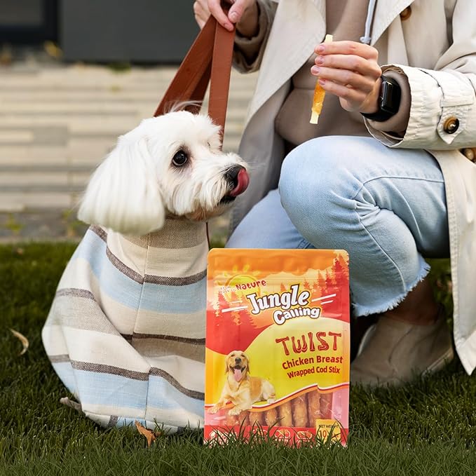Jungle Calling Rawhide Free Treats for Dogs, Chicken Wrapped Cod Sticks Dog Treats, Soft Chewy Snacks for Training Rewards, 10.6 oz (Chicken)