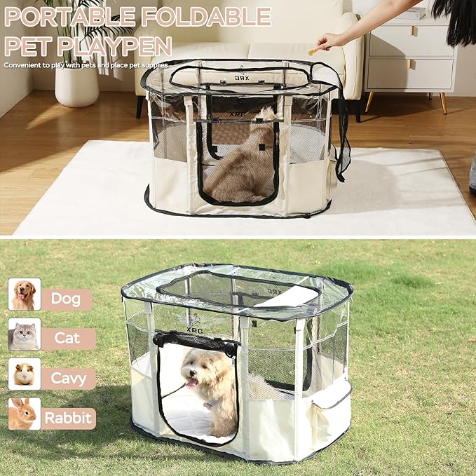 Dog Playpen with Waterproof pad,Portable Pet Crate Kennel Tent,Cat Cages Indoor Breathable Mesh Collapsible Dog Crates Playpen for Dogs Cat and Rabbit Travel Indoor & Outdoor(Large, Beige)