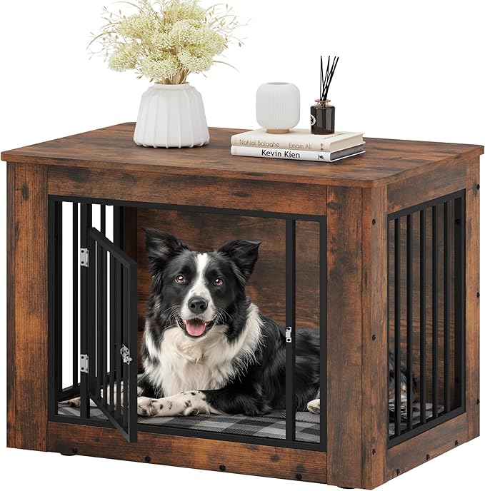 YITAHOME 32.5" L Dog Crate Furniture for Medium Dogs, 2-in-1 Iron-Wood Fusion Dog cage Indoor up to 40 lb, Side End Table, Modern Dogs Kennel with Waterproof Top, Safety Corners,Steel Lock,Rustic