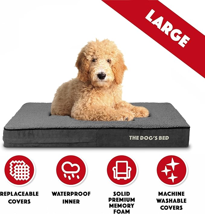 The Dog’s Bed Orthopedic Memory Foam Dog Bed, Large Grey Plush, Pain Relief for Arthritis, Hip & Elbow Dysplasia, Post Surgery, Lameness, Supportive, Calming, Waterproof Washable Cover