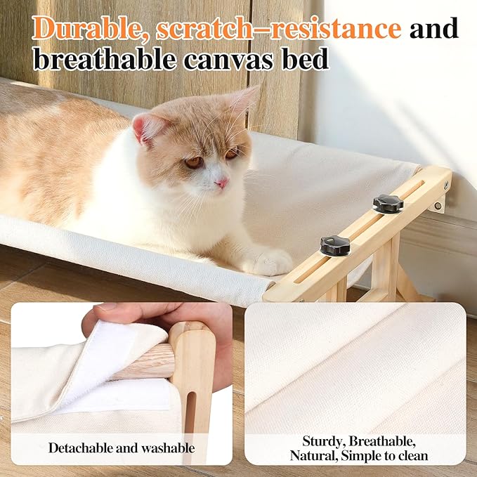 Tresbro 2-in-1 Cat Window Perch & Elevated Cat Hammock, 18.9''L × 15.7''W × 10.2" H Wooden Frame Pet Bed for Indoor Cats, Easy Setup, Adjustable, No Drilling, Cats Perch for Window, Bedside, Ground