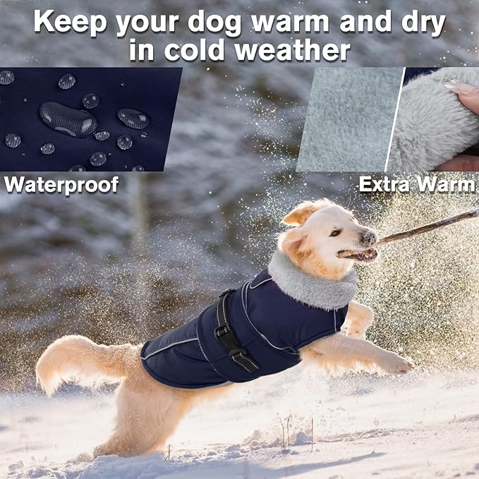 Lelepet Warm Dog Coat Reflective Fleece Vest Waterproof Dog Jacket with Adjustable Buckle Hook & Loop Windproof Cold Weather Coats for Small Medium Large Dogs, Navy Blue, XL