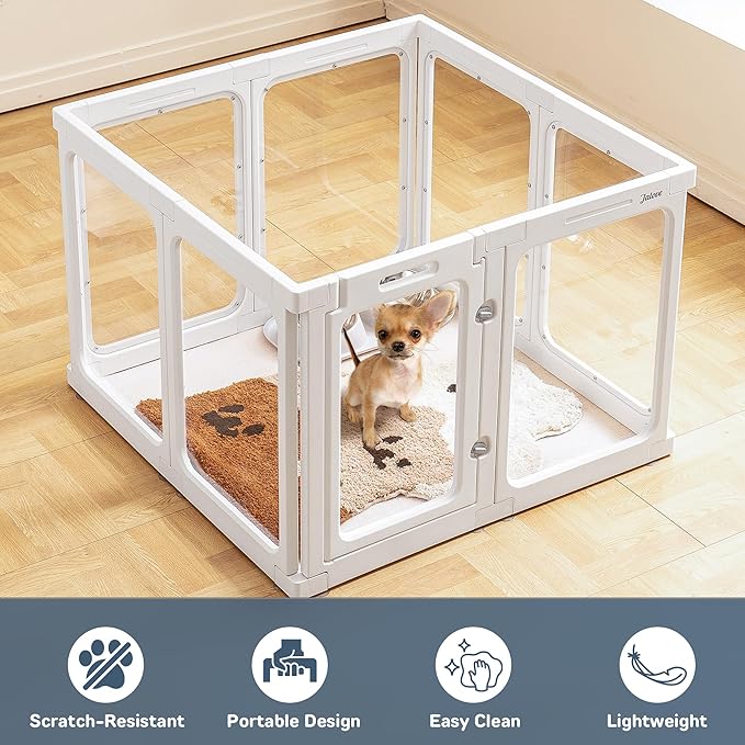 Jalove Clear Dog Playpen Indoor, 24" Acrylic Plastic Pet Play Pen with Door, Playpen for Puppy Cat Rabbit Ferret, Easy to Install Preferable Playpen for Small Dogs, Customizable, White 8 PCS