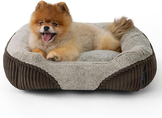 Bedsure Washable Dog Bed Small Dog＆Cat- Rectangle Fluffy Plush Kitten Puppy Bed, Comfy Corduroy Fleece and Nonskid Bottom,20x19x6inches,Suitable for Pet Up to 15lbs,Brown