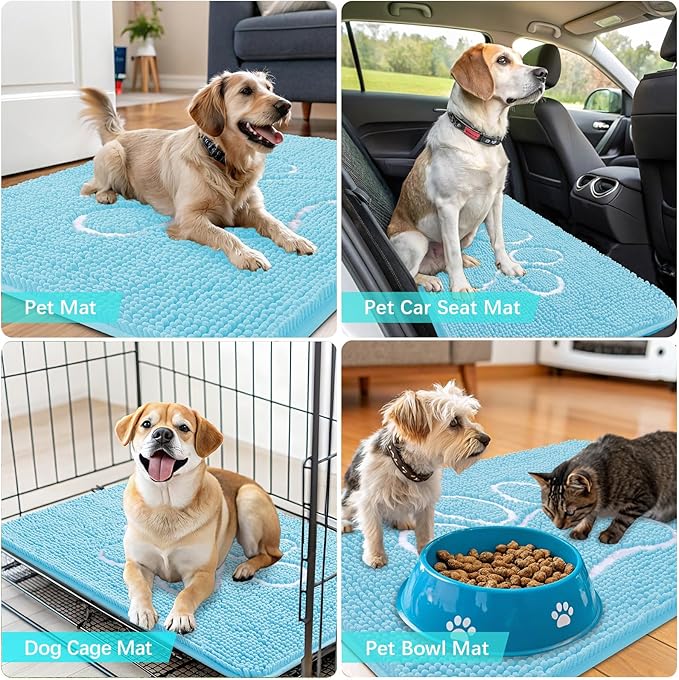OLANLY Dog Door Mat for Muddy Paws 30x20, Paw Print Design, Absorbs Moisture and Dirt, Absorbent Non-Slip Washable Doormat, Quick Dry Chenille Mud Mat for Dogs, Entry Indoor Entryway Carpet, Blue