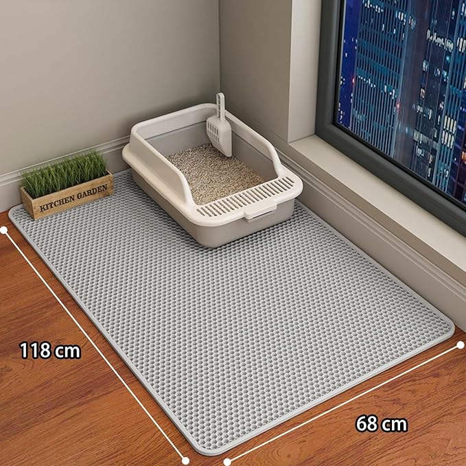 Cat Litter Mat Cat Litter Trapping Mat, 46 x 24 inch Honeycomb Double Layer Design, Urine and Water Proof Material, Scatter Control, Less Waste, Easier to Clean, Washable Gray