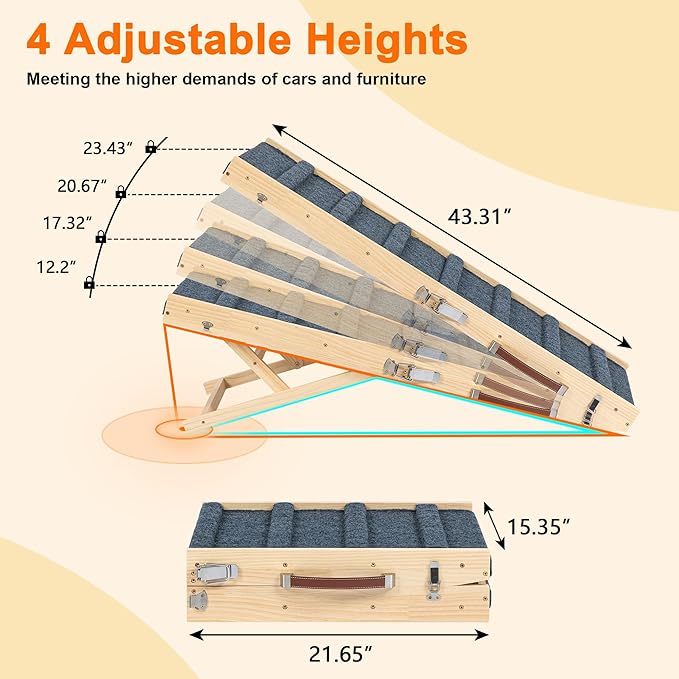 Clikuutory 2025 Upgraded Dog Ramp for Couch, 43.3" Foldable Small Dog Ramp for Bed, 4 Adjustable Height from 13" to 24", Portable Stable Pet Steps with Anti-Slip Carpet for Low Bed Couch Stairs, Wood