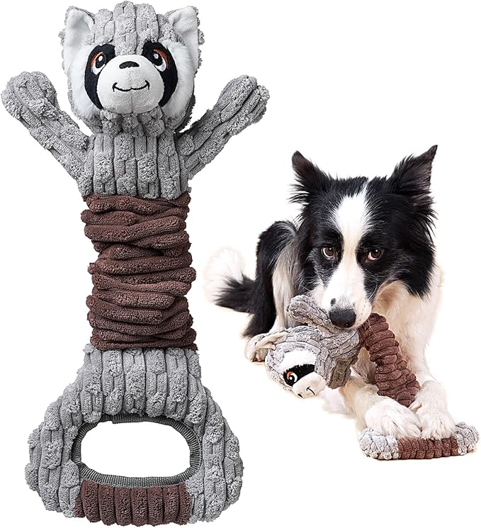 Tug of War Dog Toy, Durable Large Breed Dog Toy, Though Stuffed Dog Squeaky Toy with Crinkle Paper for Small, Middle and Big Dogs(Raccoon)