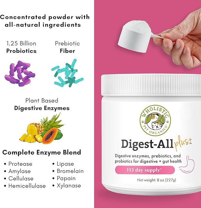 Wholistic Pet Organics Probiotics for Dogs with Digestive Enzymes & Prebiotic Fiber - 2 Oz - Daily Cat & Dog Probiotics for Digestive Health, Anti Diarrhea & Gut Support - Natural Powder Supplement