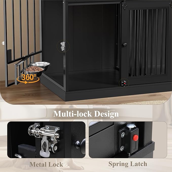 HOSTACK 71" Tall Dog Crate Furniture, 55" W Dog Kennel with Storage Hutch, XL Dog Crate for 2 Dogs with Feeding Bowls, Indoor Heavy Duty Dog Cage with Removable Room Divider, Wooden Pet House, Black