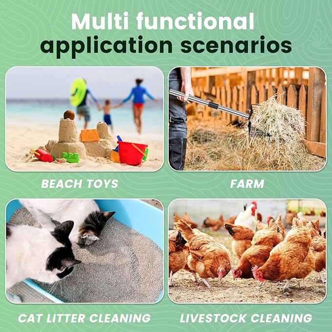 10Inch Chicken Poop Scooper, 35" to 75" Long Chicken Coop Litter Scoop with Stainless Steel Handle, 4 in 1 Multifunctional Heavy Duty Litter Sifting Shovel, Non Stick Detachable Cat Litter Sifter