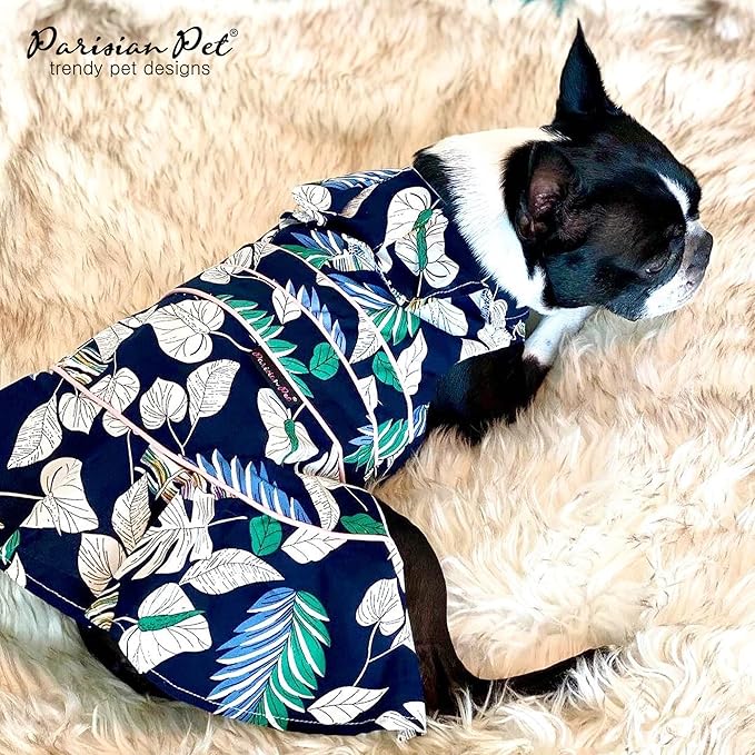 Parisian Pet Palm Leaves Dog Summer Dress - Magic Strap Closure Beach Outfit - Lightweight and Breathable for Small Dogs, Girls