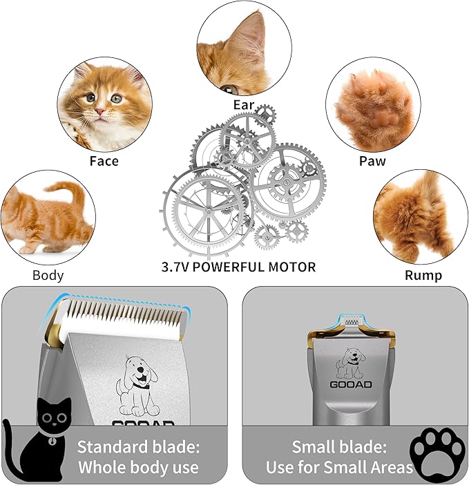 Goood Cat Clippers - Cordless, Low Noise, Quiet Grooming Kit for Matted & Long Hair, Paw Trimmer for Cats & Dogs (Gray)