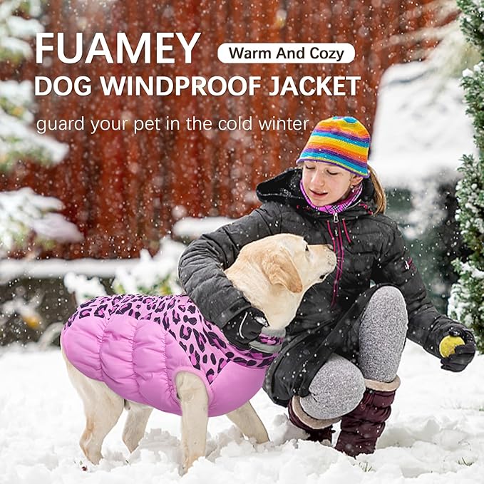 FUAMEY Dog Coat for Medium Dogs,Waterproof Dog Winter Jacket with Harness Built in Puppy Cold Weather Coats Reflective Pet Vest with Zipper Warm Fleece Dogs Snowsuit Windproof Pink Leopard M