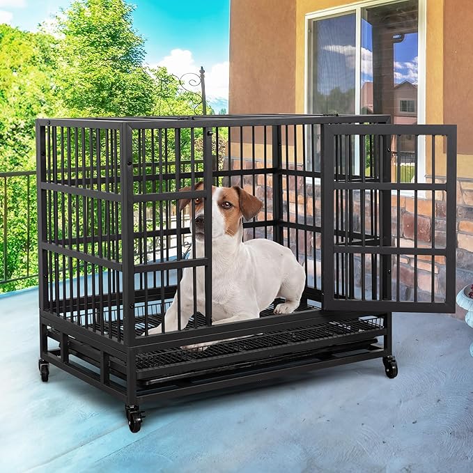 JY QAQA 38 Inch Heavy Duty Indestructible Dog Crate, Escape Proof Dog Cage Kennel with Lockable Wheels,High Anxiety Double Door Dog Crate, Xl Extra Large Crate Indoor for Large Dog with Removable Tray