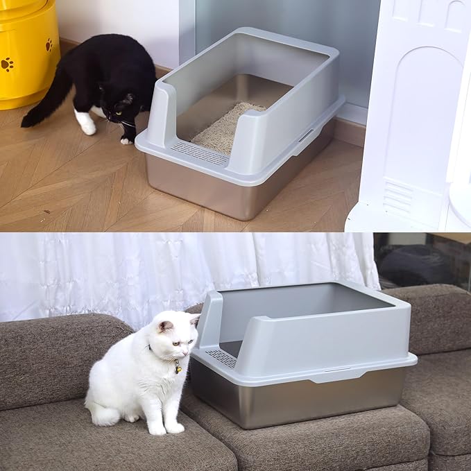 Stainless Steel Litter Box with Lid 2packs，Metal Litter Box with Covered Easy to Clean,Extra Large Litters Boxes for Big Cats with Scoop,Litters Boxes High Sided, Non-Sticky, Anti-Leakage