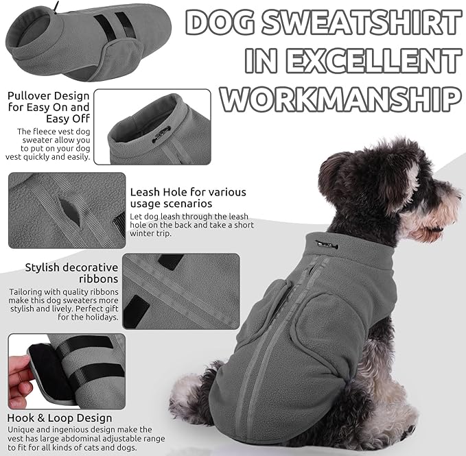 Queenmore Small Dog Sweaters, Soft Fleece Vest Pullover Dog Jacket with Leash Hole, Warm Winter Dogs Clothes Cold Weather Doggy Dachshund Sweater for Small Dogs Cats Boy or Girl (Grey, XS)