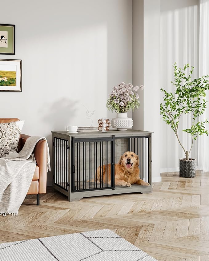 39.4" Heavy Duty Dog Crate Furniture with Barn Door, Wood Indoor Dog Crate Kennel for Small/Medium/Large Dogs, End Side Table, TV Stand, Greige Black DFC02305B