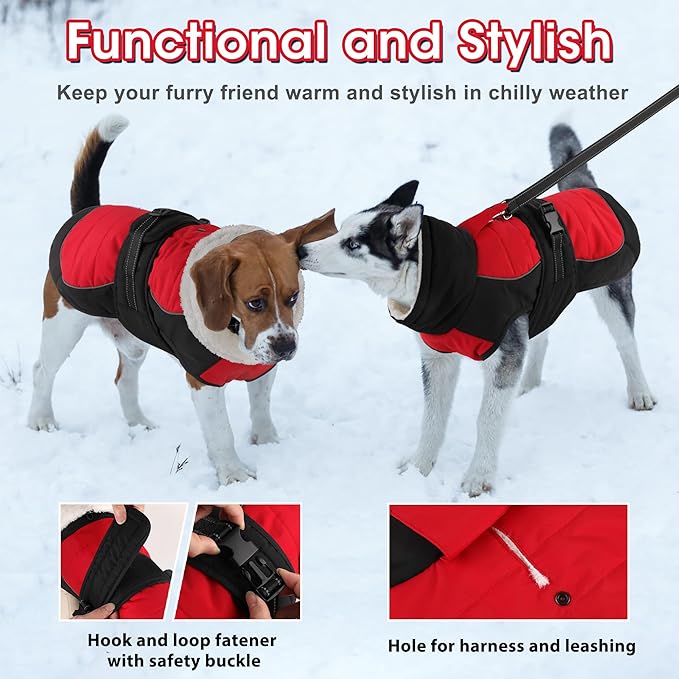 Dogcheer Dog Coat, Christmas Dog Jacket, Waterproof Turtleneck Puppy Winter Coat, Adjustable Pet Puffer Jacket, Reflective Warm Fleece Coats for Small Medium Large Dogs - Red, XL