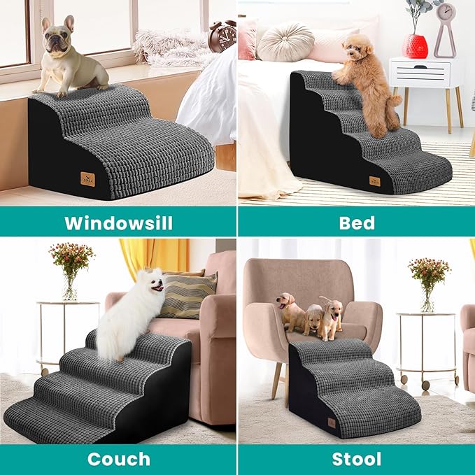 Dog Srairs for Small Dogs, 4-Step Dog Ramp for High Beds and Couch, Foam Dog Stairs with Durable Non-Slip Waterproof Fabric Cover, Grey Pet Stairs for Pets Joint