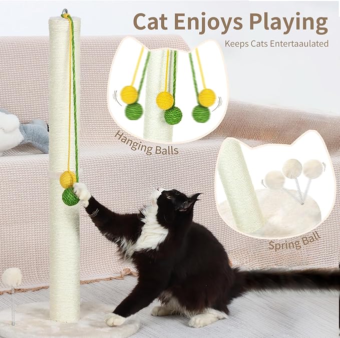 Simple cat Scratching Post Cat Scratcher 33.4 inch Tall Scratching Post with Sisal Rope for Indoor Kitten and Large Cats sisal cat Scratcher with Hanging Ball for Playing