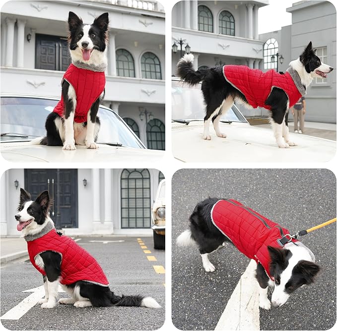 Warm Fleece Dog Coats with Durable Harness Buitl in D-Ring,Waterproof Doggie Jacket for Medium Dogs,Dog Vest for Cold Winter,Red XL