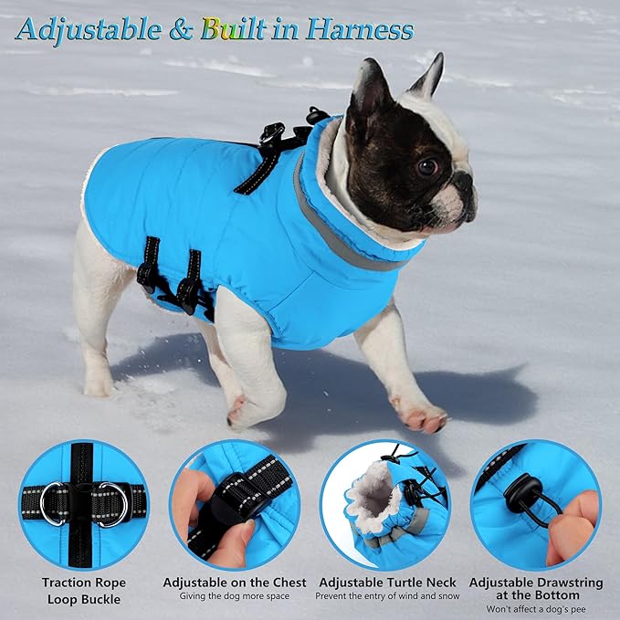 Dogcheer Dog Coat with Harness, Waterproof Dog Jacket Adjustable Pet Winter Coat with Zipper, Christmas Puppy Snow Jacket Fleece Sweater for Small Medium Large Dogs - Sky Blue L