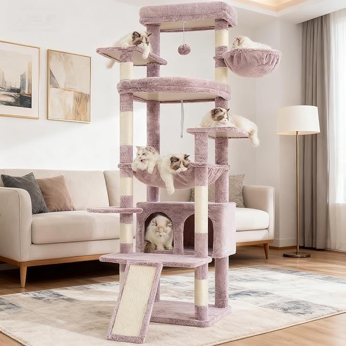 Heybly Tall Cat Tree for Large Cat, 80-inch Multi-Level Cat Tower for Indoor Cats with Large Baseboard, Condo Furniture with 2 Widened Plush Perches,Scratching Board and Big Caves, Muchroom HCT038MU