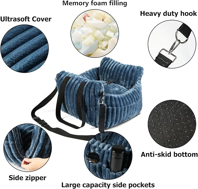 Dog Car Booster Seat, for Small Dogs Under 30 lbs, Detachable Washable Travel Bed with Storage Pockets and Safety Belt (SOMKY Blue, Medium)